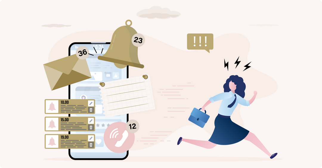 Illustration of an overwhelmed woman running away from her phone notifications