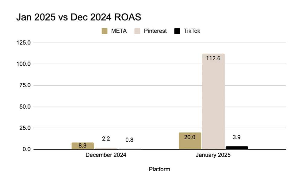 Bar chart comparing Neora ROAS MoM (January 2025 vs December 2024) from META, Pinterest, and TikTok