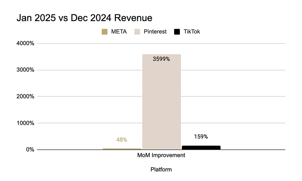 Bar chart showcasing Neora revenue increases MoM (January 2025 vs December 2024) via META, Pinterest, and TikTok