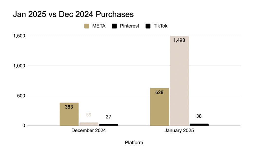 Bar chart comparing the number of Neora purchases MoM (January 2025 vs December 2024) via META, Pinterest, and TikTok