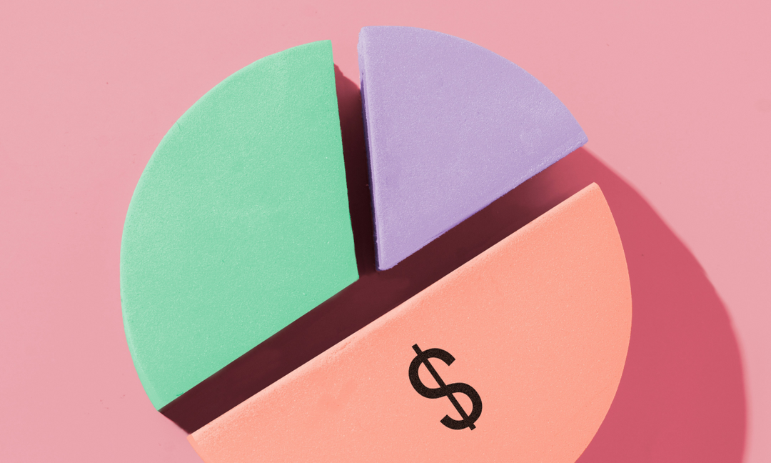 A three-dimensional pie chart with green, purple, and pink segments and a dollar sign, representing the breakdown of revenue vs. profit margins in eCommerce growth