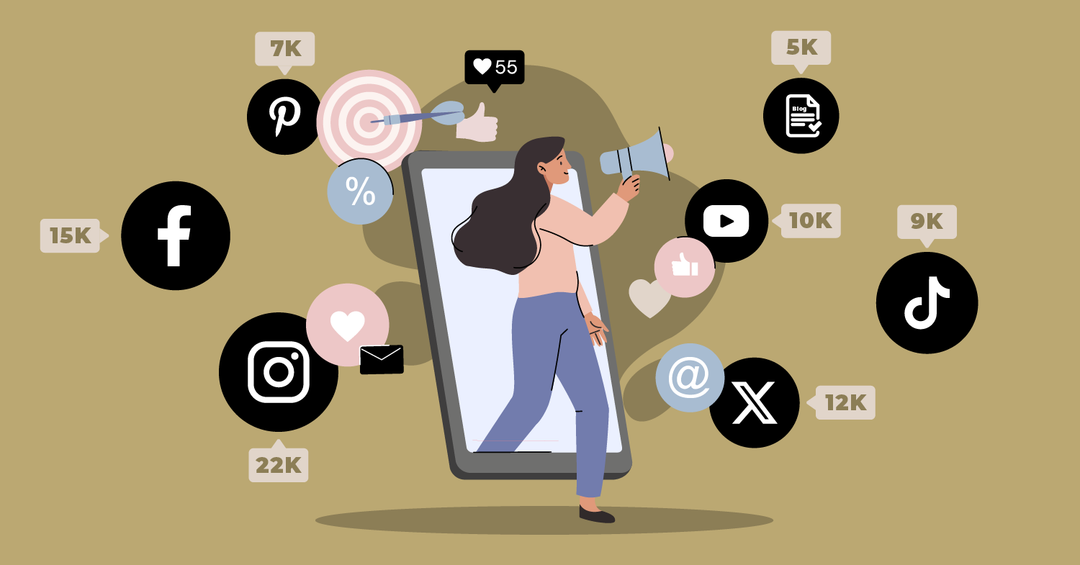 Influencer marketing concept with social media engagement icons.