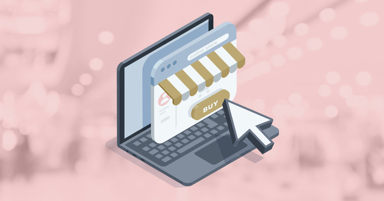 Shopper browsing a specialized marketplace on a laptop with cursor clicking the buy button